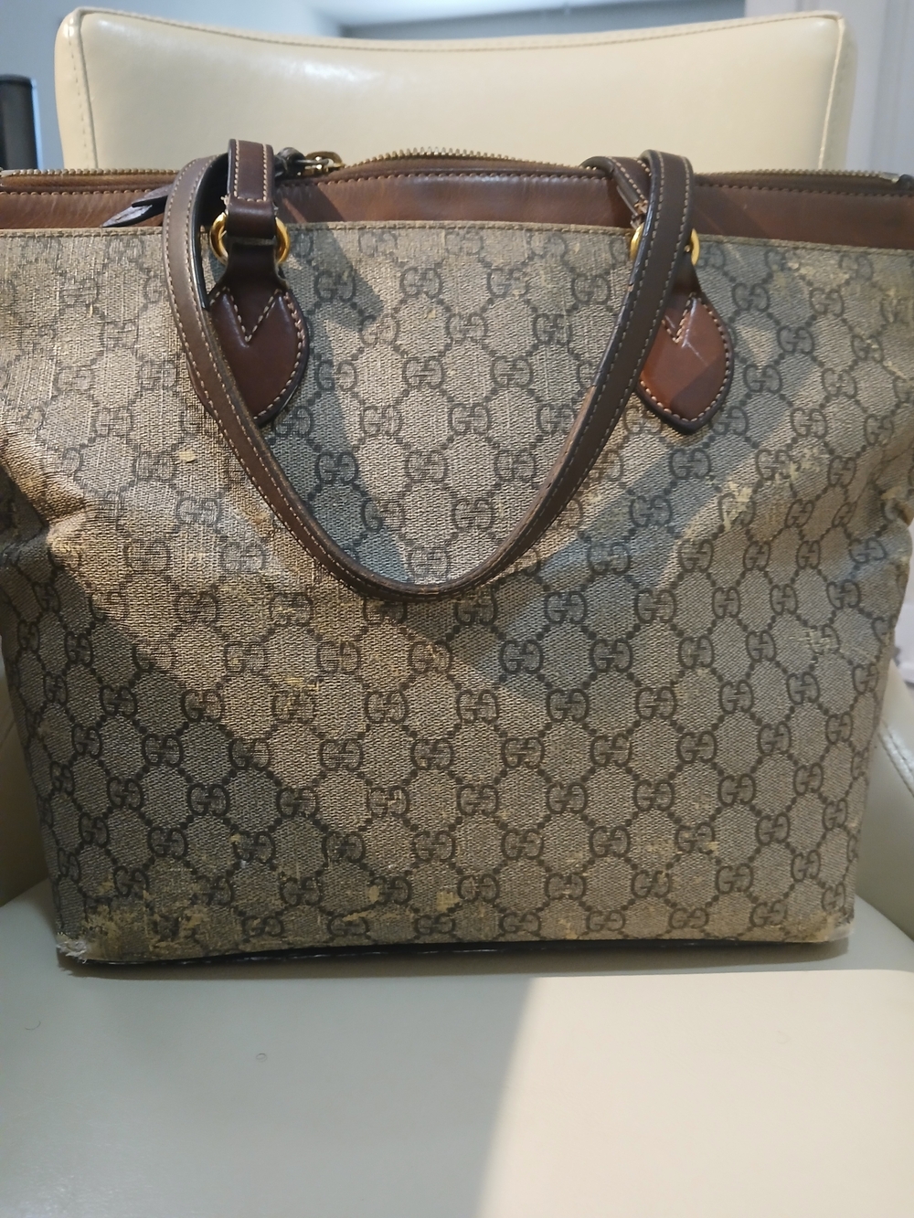Gucci Beige GG Canvas Satchel with Brown Leather Trim